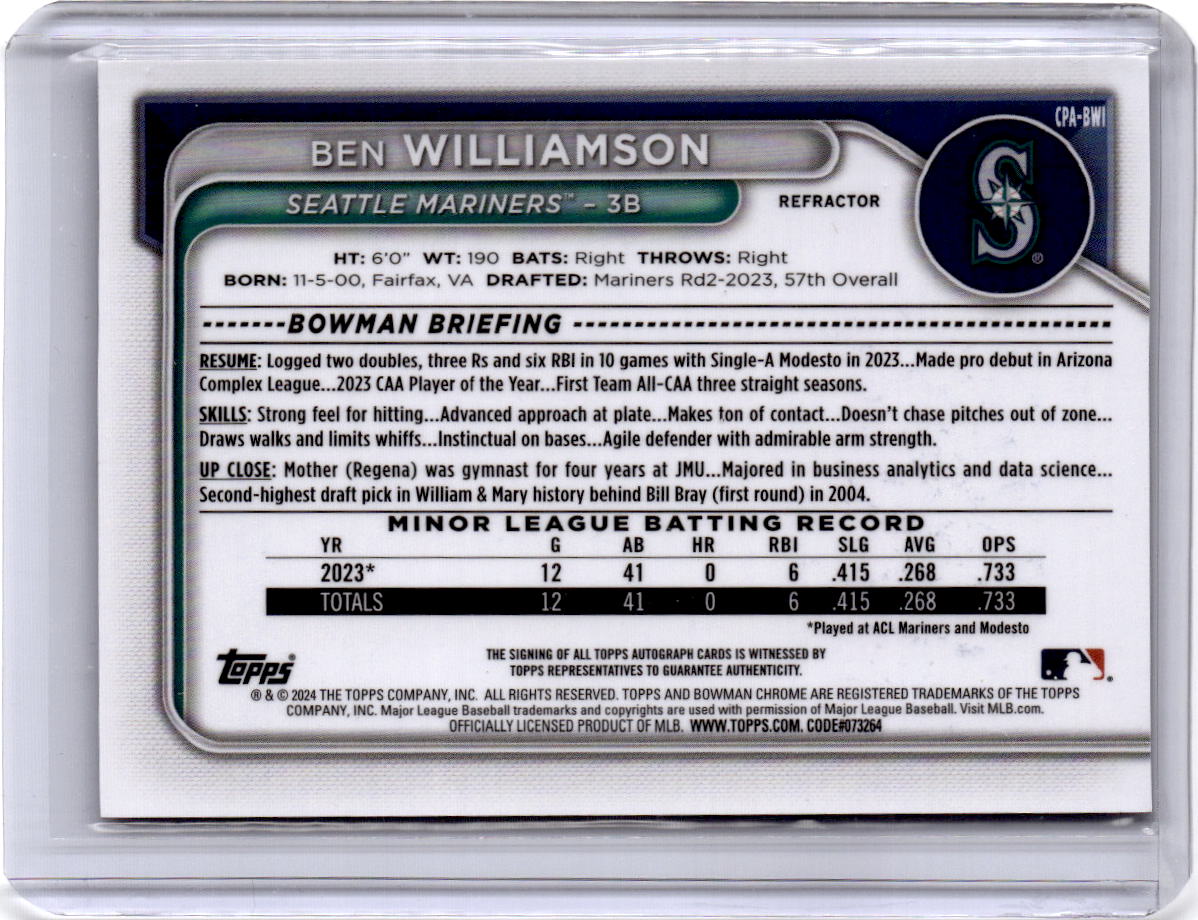 2024 Bowman #CPA-BWI Ben Williamson Chrome Prospect Autographs Refractors /499