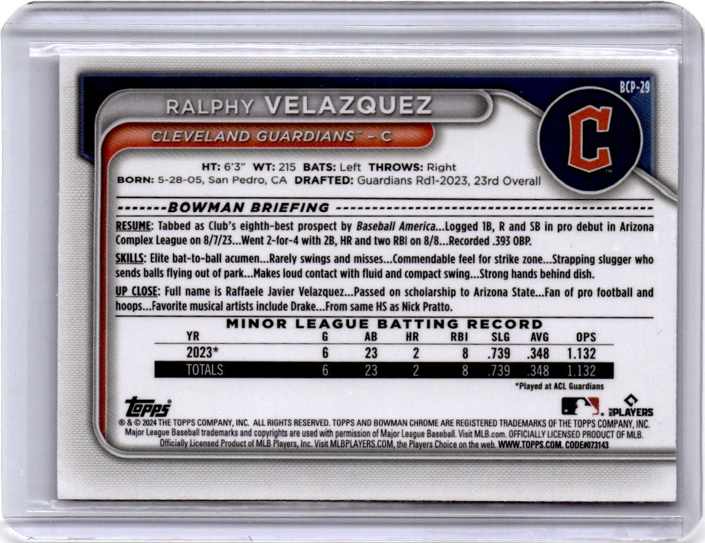 2024 Bowman #BCP-29 Ralphy Velazquez Chrome Prospects Fuchsia Refractors #/199