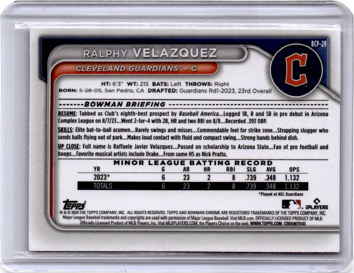 2024 Bowman #BCP-29 Ralphy Velazquez Chrome Prospects Fuchsia Refractors #/199
