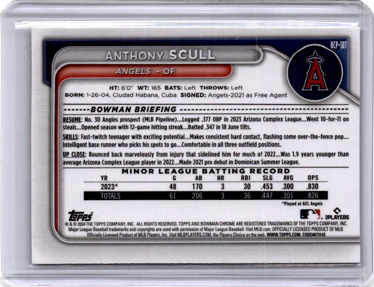 2024 Bowman Anthony Scull Chrome Prospects Blue RayWave Refractors #/150