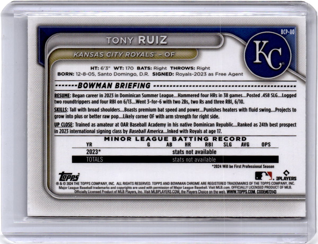 2024 Bowman #BCP-80 Tony Ruiz Chrome Prospects Aqua Shimmer Refractors #/125