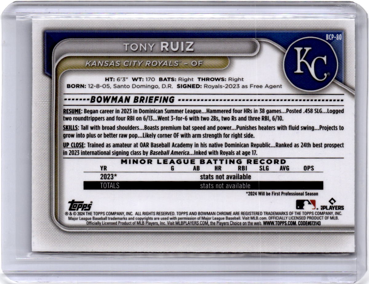 2024 Bowman #BCP-80 Tony Ruiz Chrome Prospects Aqua Shimmer Refractors #/125
