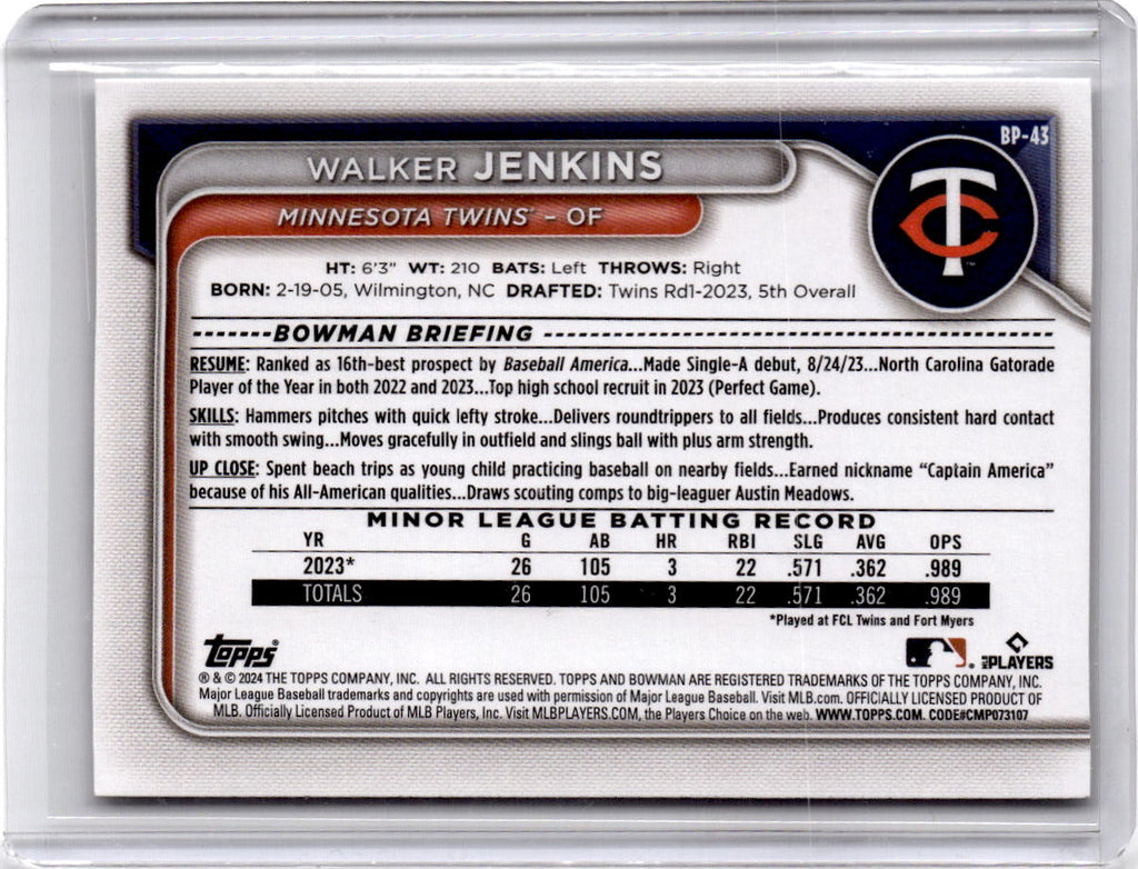 2024 Bowman #BP-43 Walker Jenkins Prospects