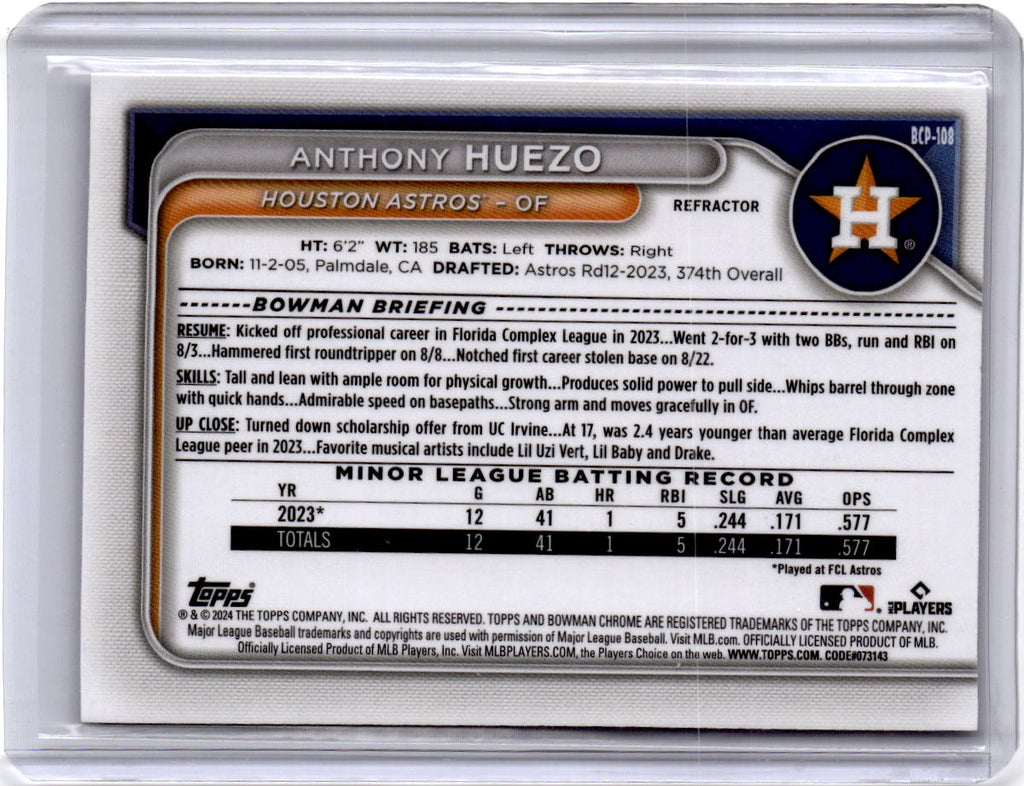 2024 Bowman #BCP-108 Anthony Huezo Chrome Prospects Refractors #/499