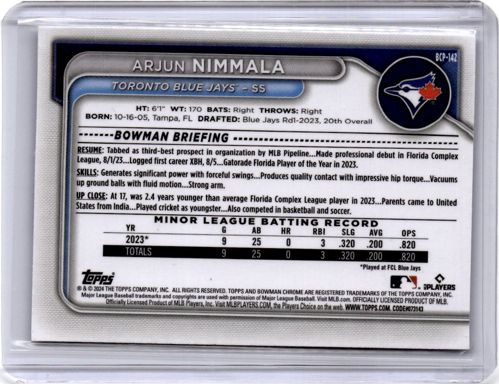 2024 Bowman #BCP-142 Arjun Nimmala Chrome Prospects