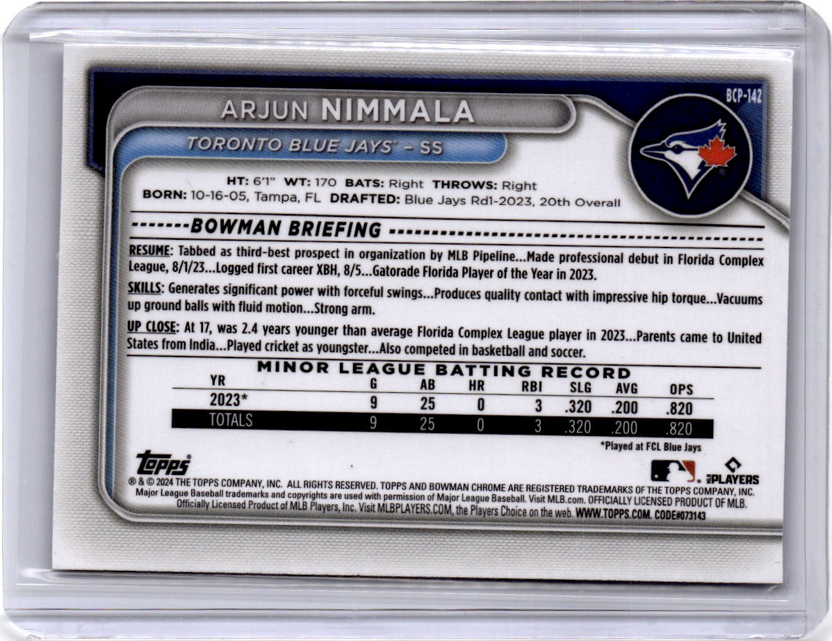2024 Bowman #BCP-142 Arjun Nimmala Chrome Prospects