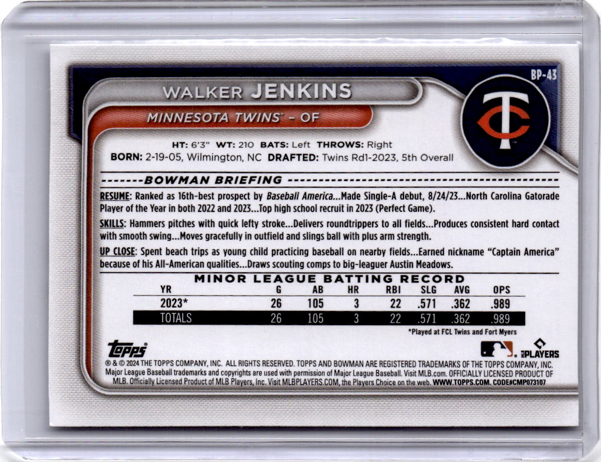 2024 Bowman #BP-43 Walker Jenkins Prospects