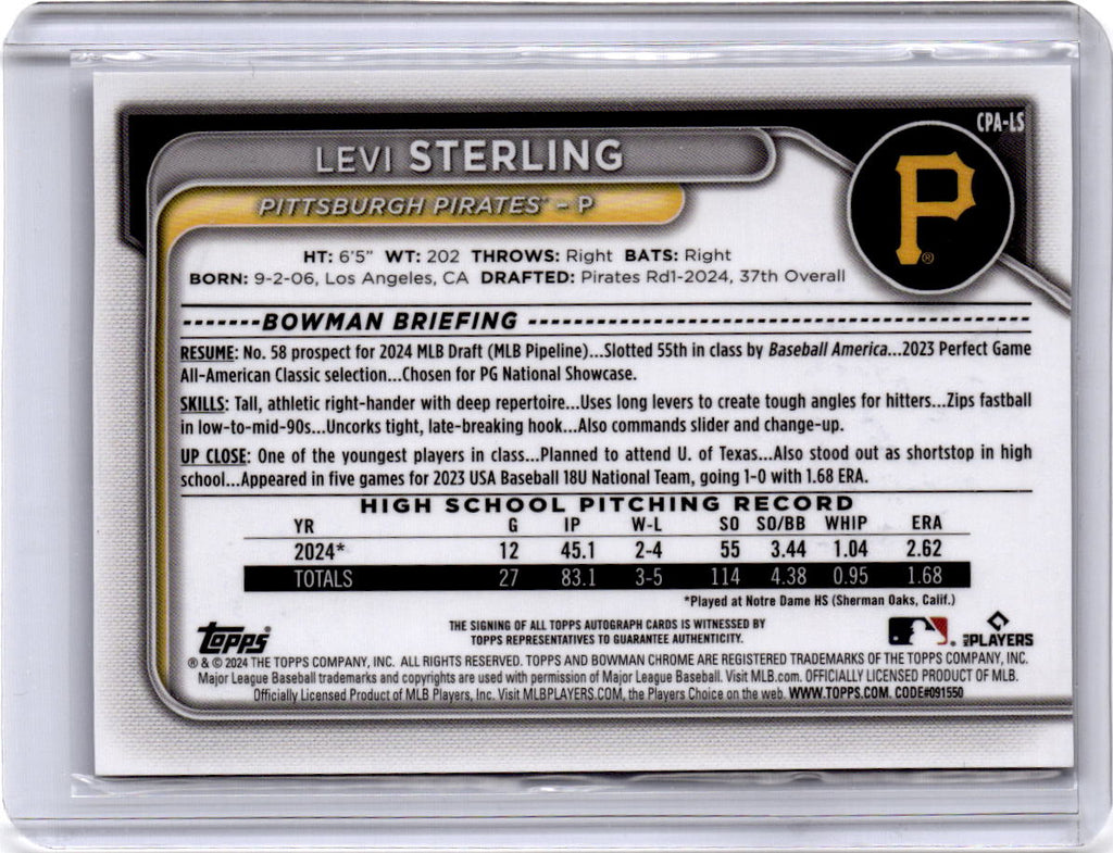 2024 Bowman Draft #CPA-LS Levi Sterling Chrome Prospect Autographs