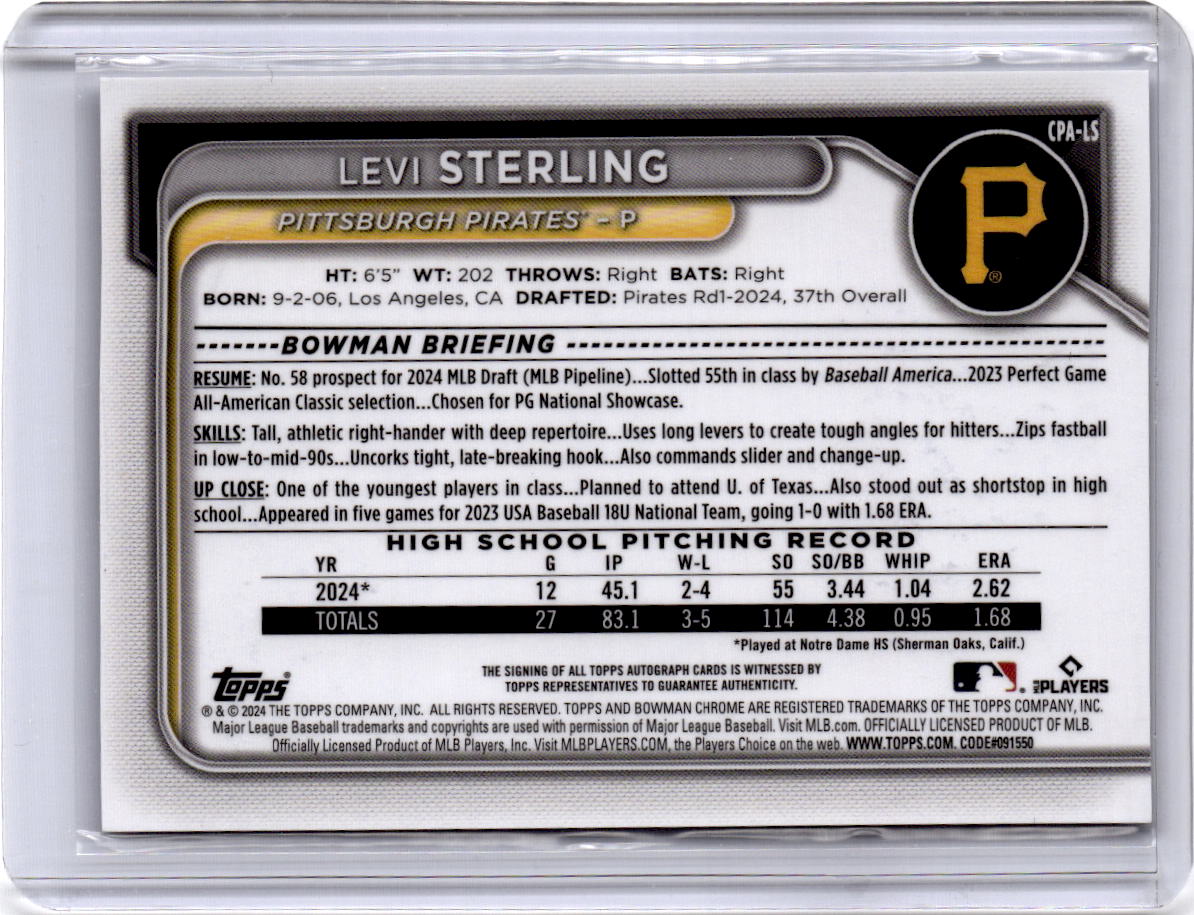 2024 Bowman Draft #CPA-LS Levi Sterling Chrome Prospect Autographs