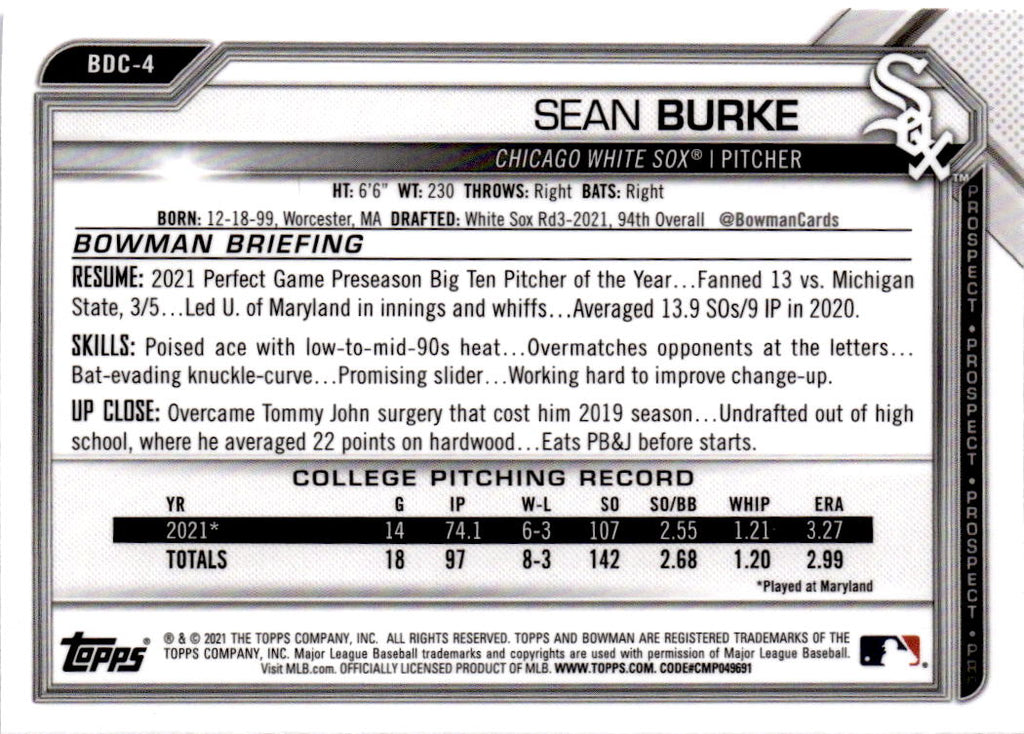 2021 Bowman Draft Sapphire Edition #BDC-4 Sean Burke