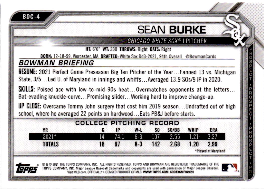 2021 Bowman Draft Sapphire Edition #BDC-4 Sean Burke