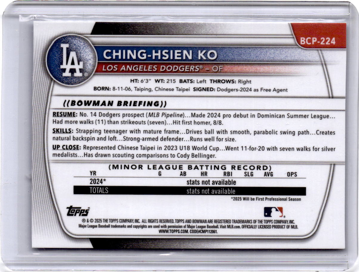 2025 Bowman Chrome #BCP-224 Ching-Hsien Ko Prospects Blue #/150