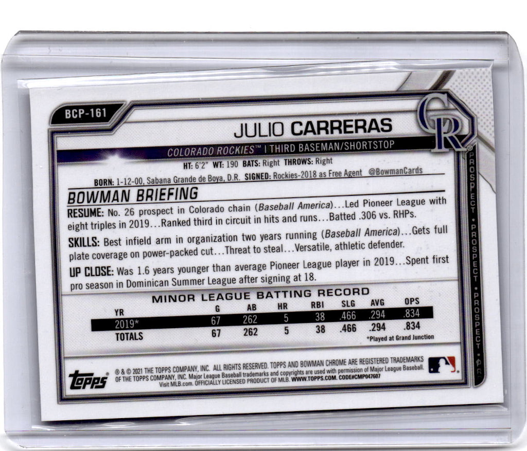 2021 Bowman Chrome #BCP-161 Julio Carreras Prospects Black Shimmer Refractor #/1