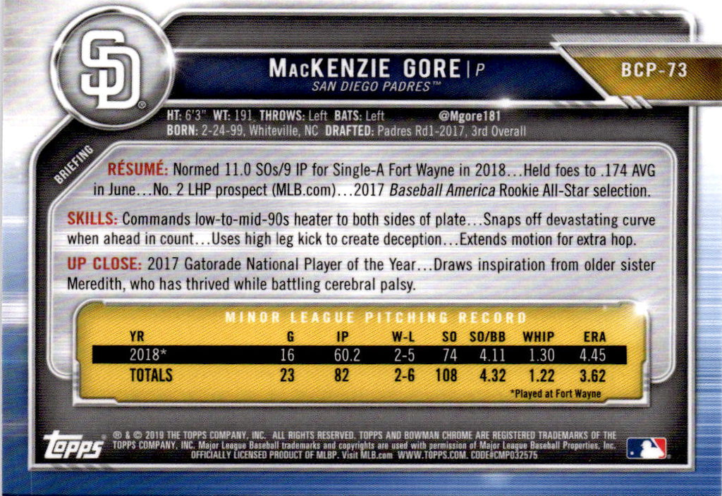 2019 Bowman #BCP-73 MacKenzie Gore Chrome Prospects