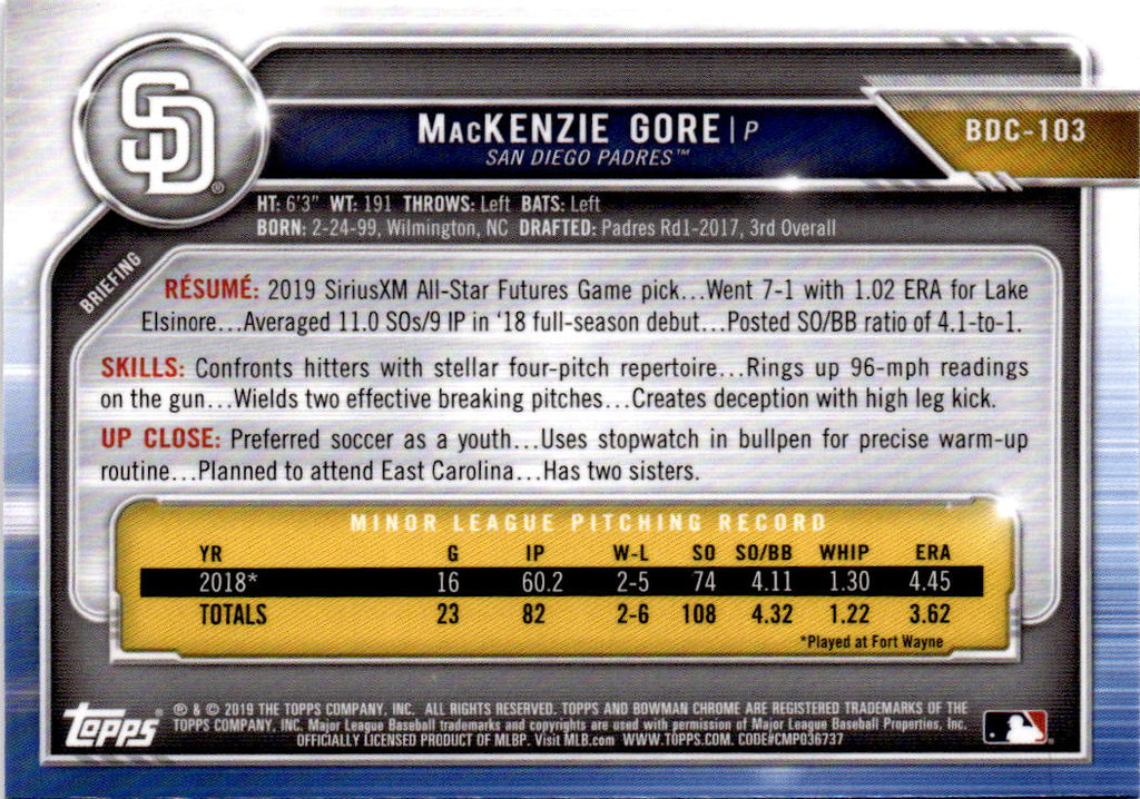 2019 Bowman Draft #BDC-103 MacKenzie Gore Chrome