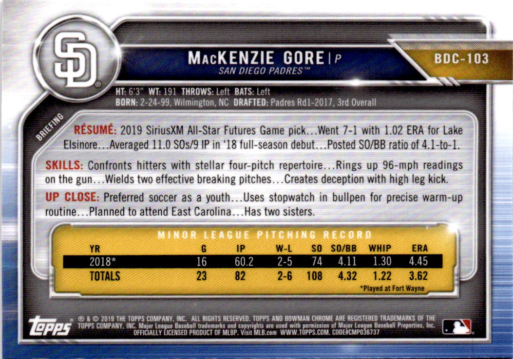 2019 Bowman Draft #BDC-103 MacKenzie Gore Chrome