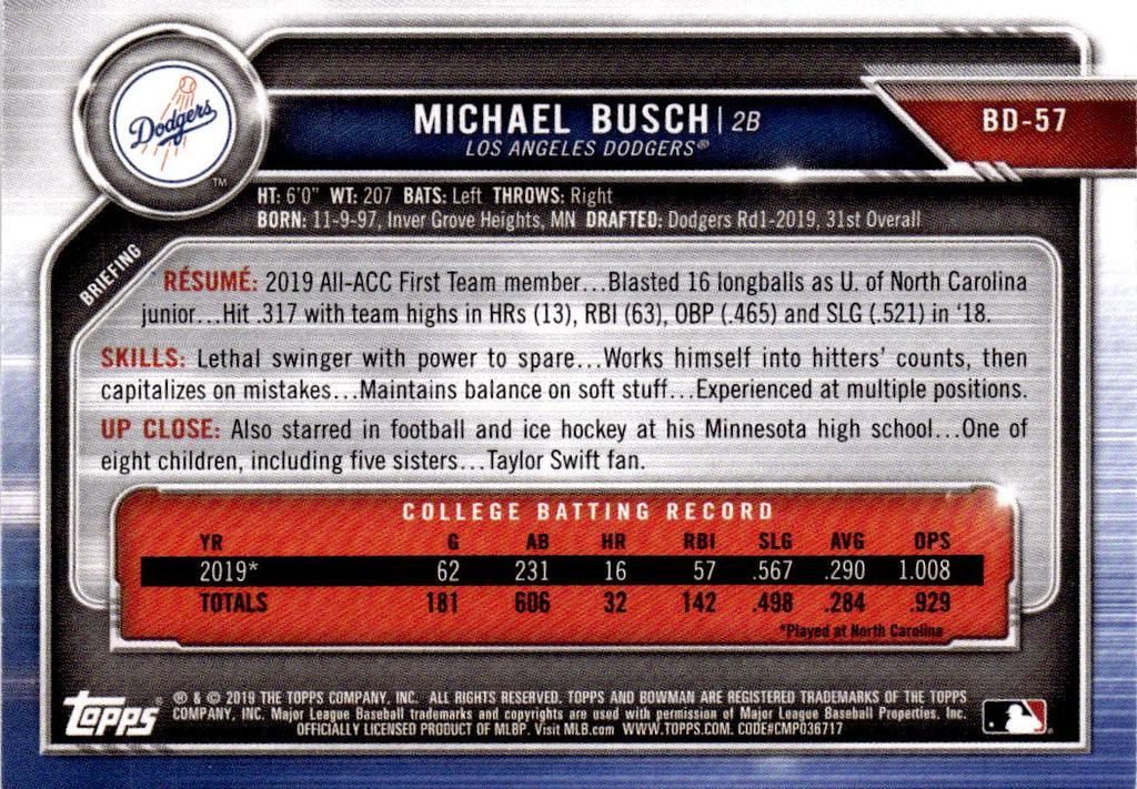 2019 Bowman Draft #BD-57 Michael Busch