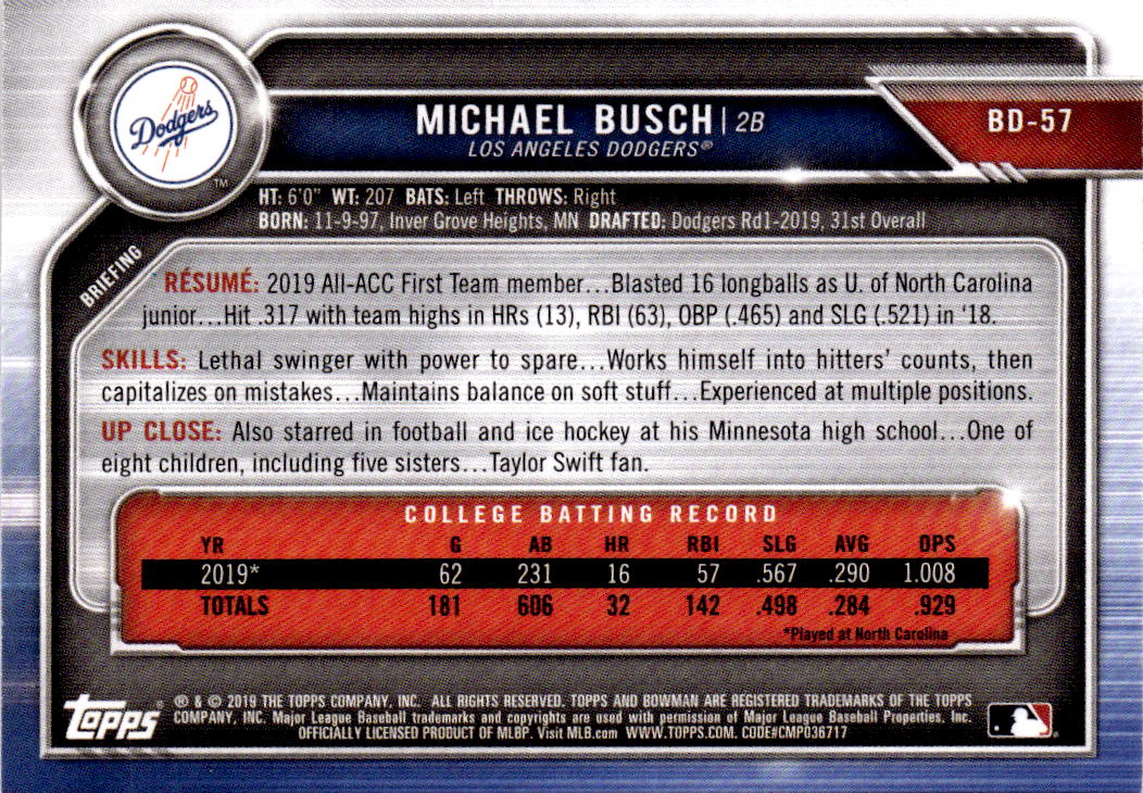 2019 Bowman Draft #BD-57 Michael Busch