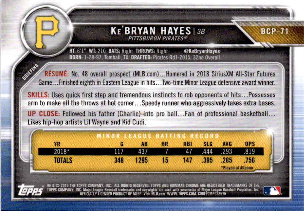2019 Bowman #BP-71 Ke'Bryan Hayes Prospects