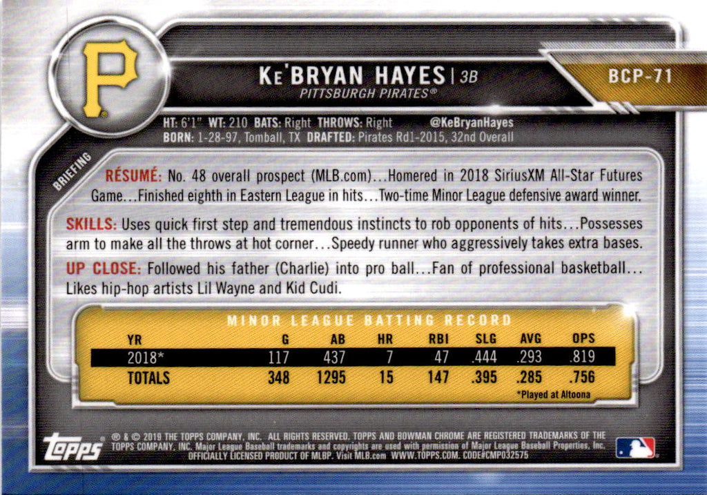 2019 Bowman #BP-71 Ke'Bryan Hayes Prospects