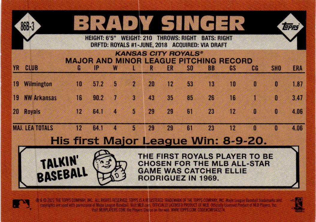 2021 Topps #86B-3 Brady Singer 1986 Topps Baseball 35th Anniversary (Series 1)