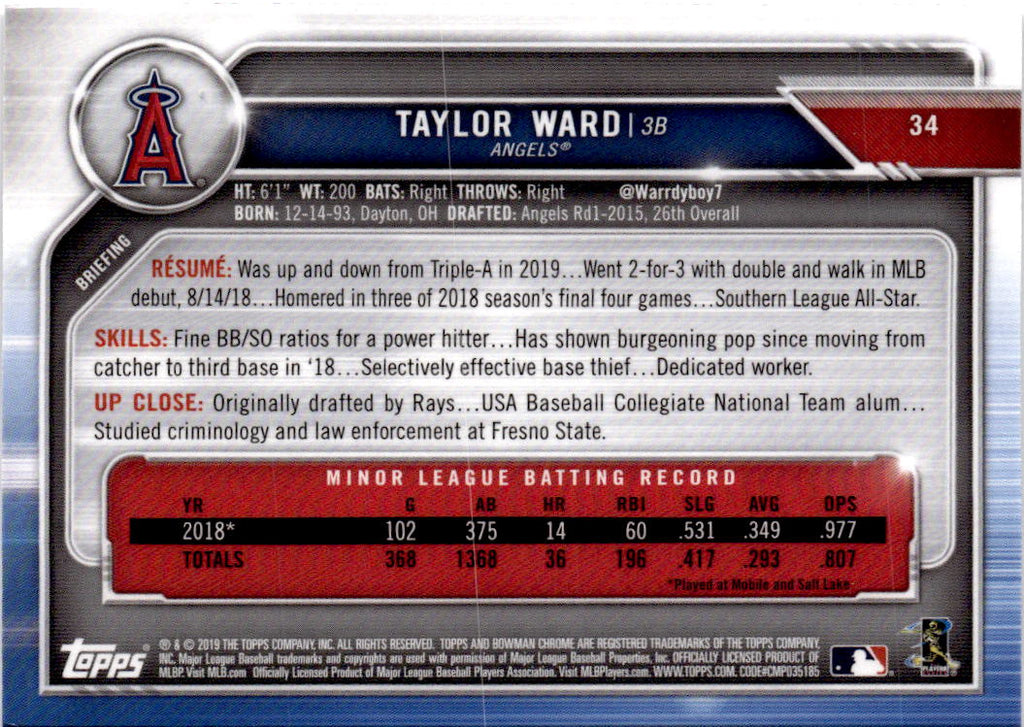 2019 Bowman Chrome #34 Taylor Ward