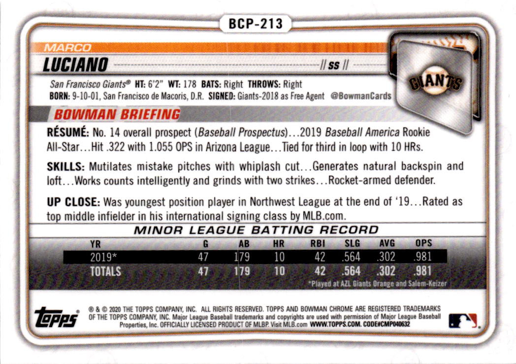 2020 Bowman Chrome #BCP-213 Marco Luciano Prospects