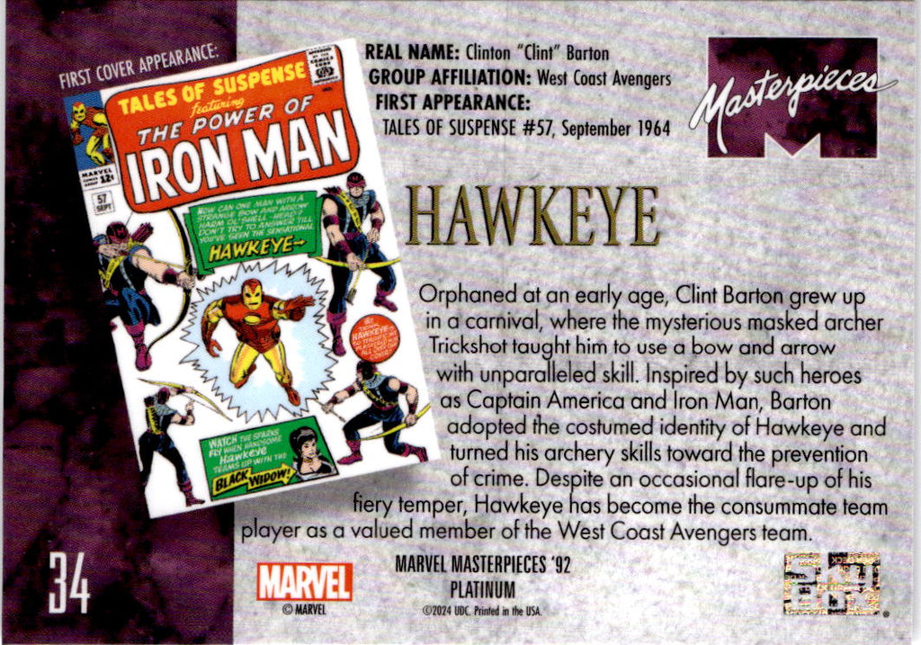2024 Upper Deck Marvel Masterpieces '92 Platinum #34 Hawkeye