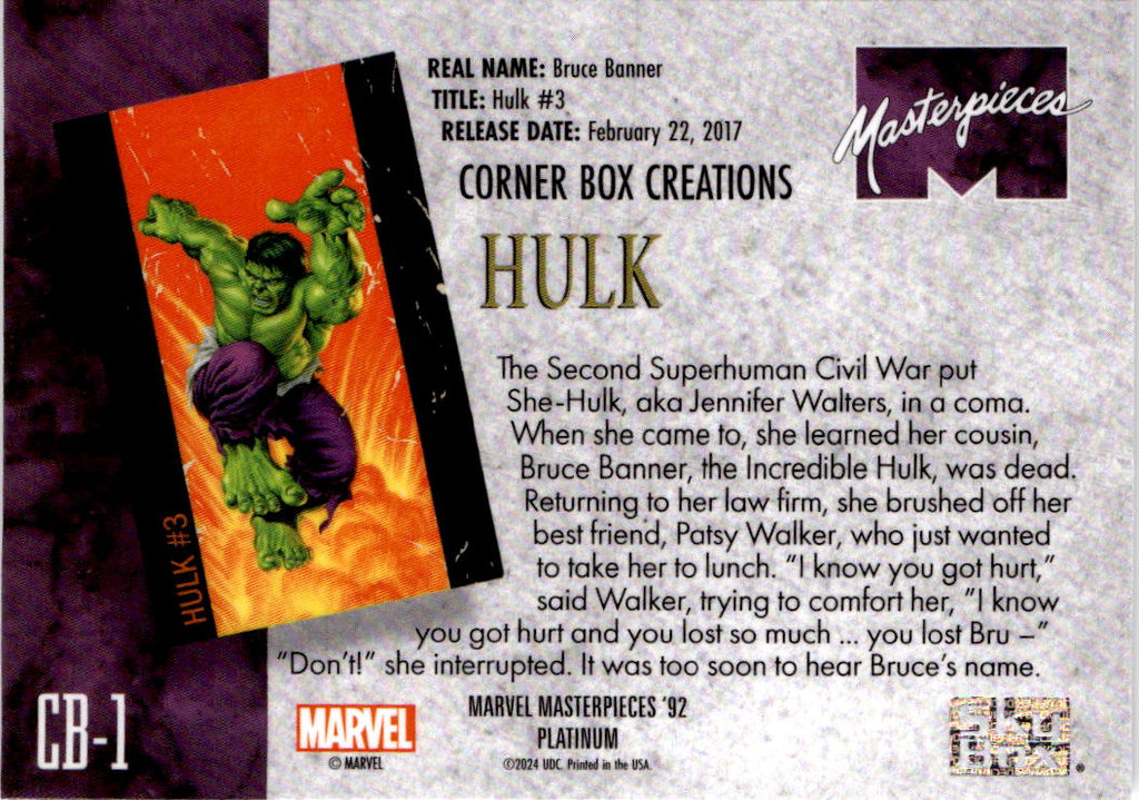 2024 Upper Deck Marvel Masterpieces '92 Platinum #CB-1 Hulk Corner Box Creations
