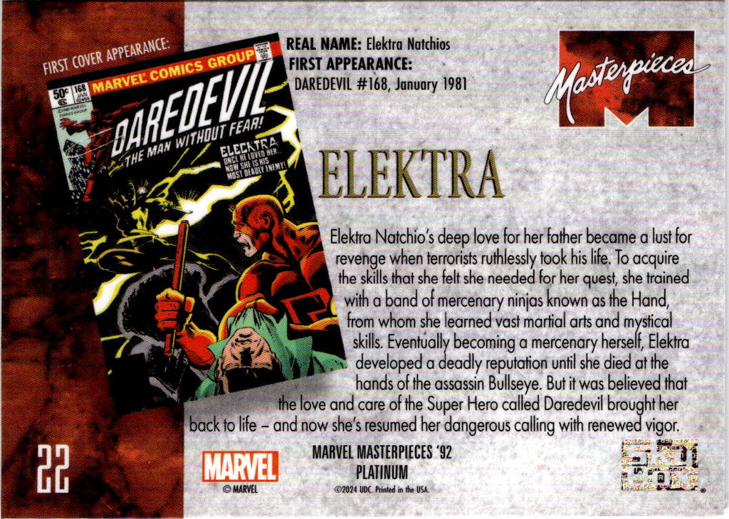 2024 Upper Deck Marvel Masterpieces '92 Platinum #22 Elektra
