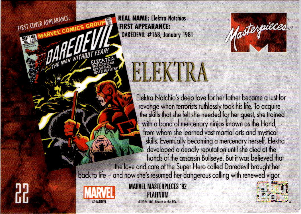 2024 Upper Deck Marvel Masterpieces '92 Platinum #22 Elektra