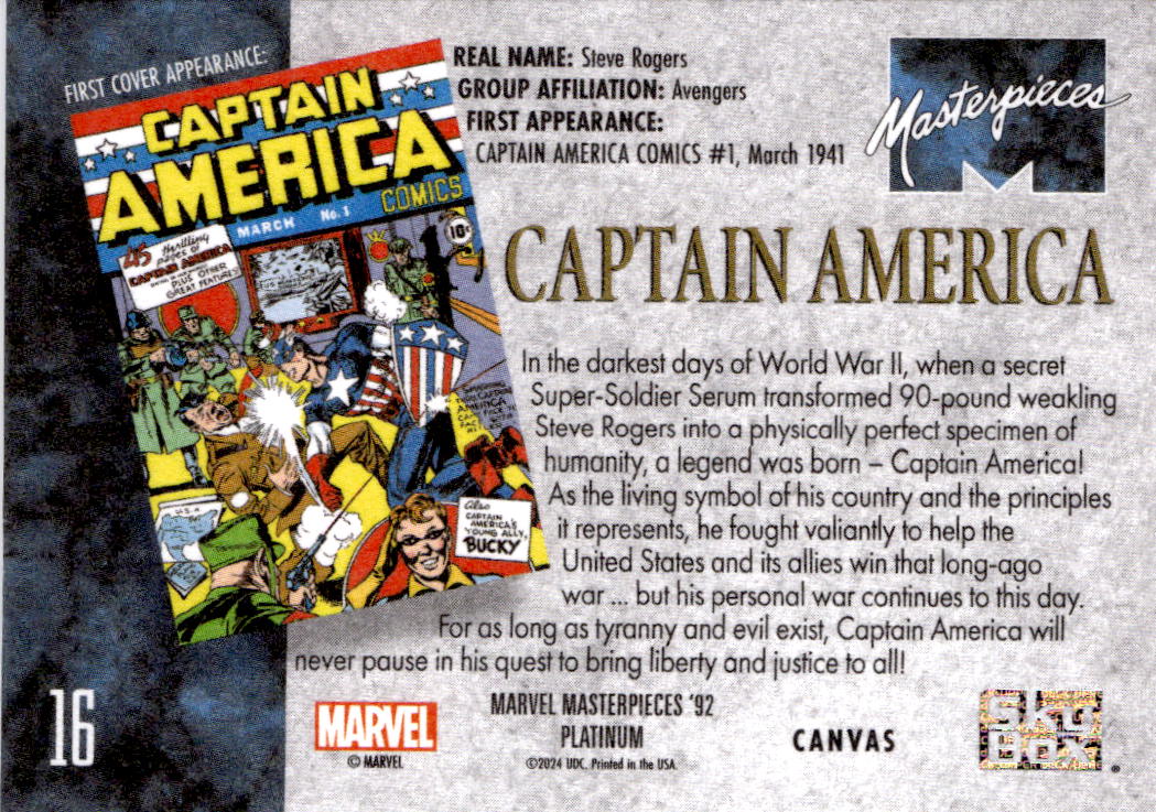 2024 Upper Deck Marvel Masterpieces '92 Platinum #16 Captain America Canvas
