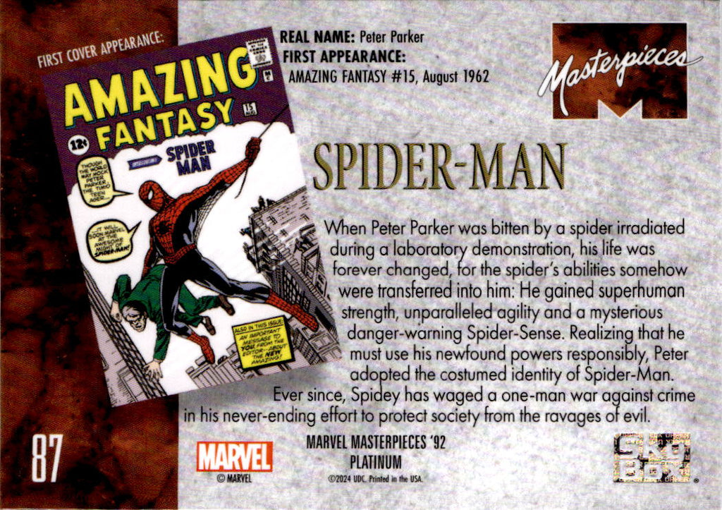 2024 Upper Deck Marvel Masterpieces '92 Platinum #87 Spider-Man