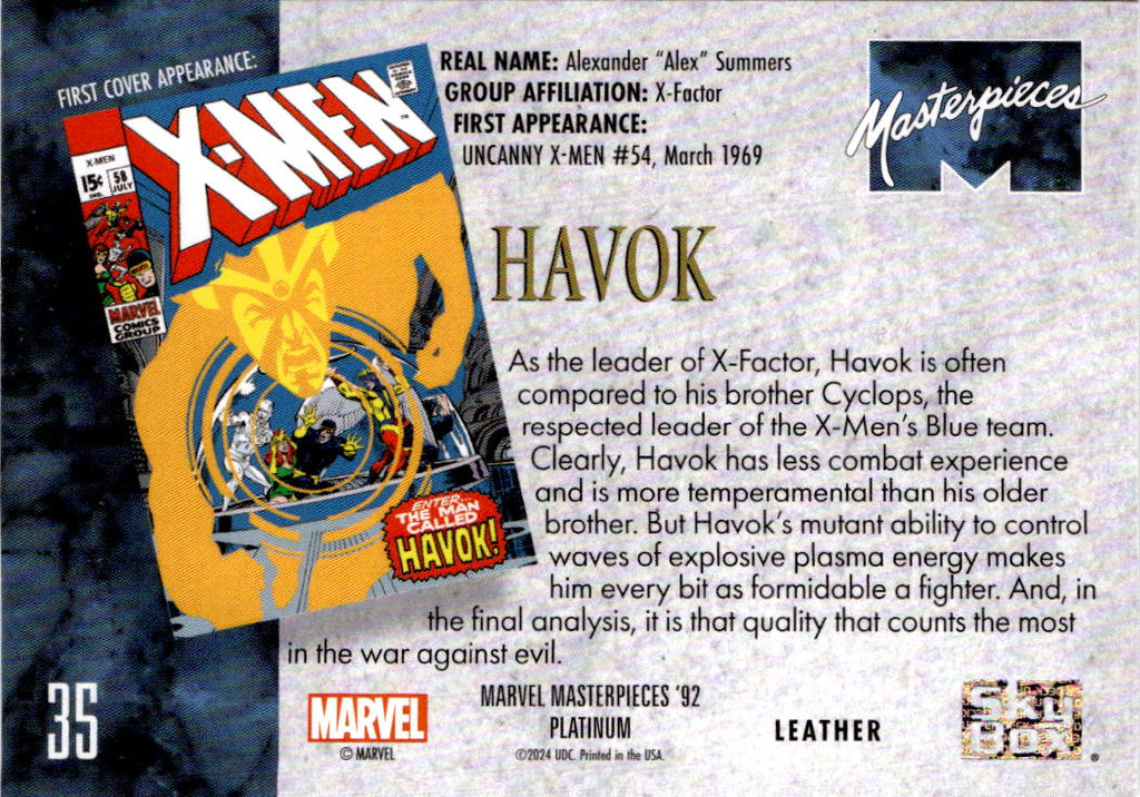 2024 Upper Deck Marvel Masterpieces '92 Platinum #35 Havok Leather