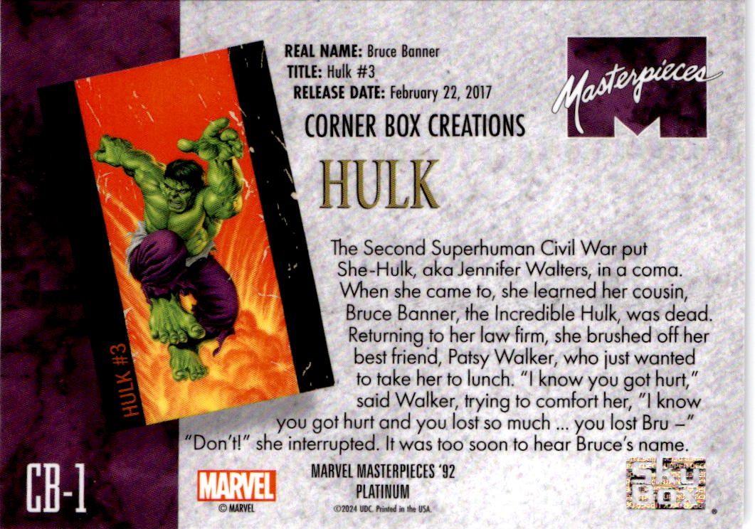 2024 Upper Deck Marvel Masterpieces '92 Platinum #CB-1 Hulk Corner Box Creations