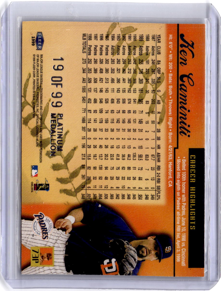1999 Ultra #73P Ken Caminiti Platinum Medallion #/99