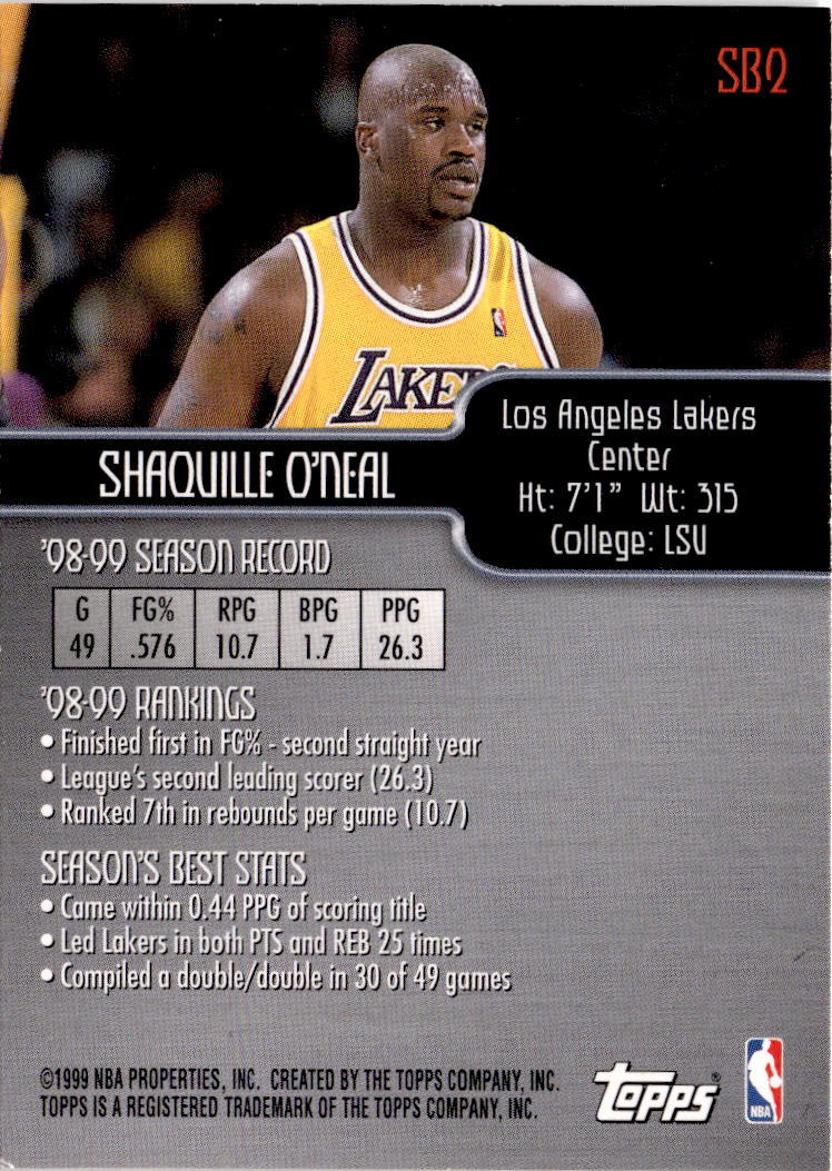 1999-00 Topps #SB2 Shaquille O'Neal Season's Best