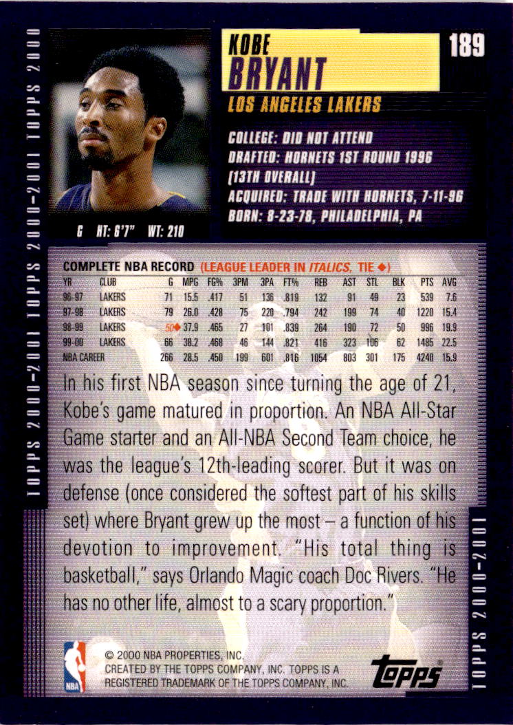 2000-01 Topps #189 Kobe Bryant