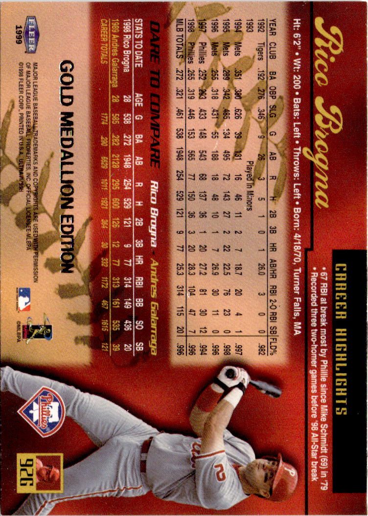 1999 Ultra #92G Rico Brogna Gold Medallion