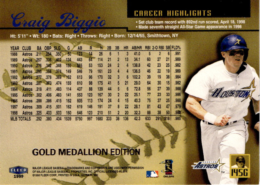 1999 Ultra #145G Craig Biggio Gold Medallion
