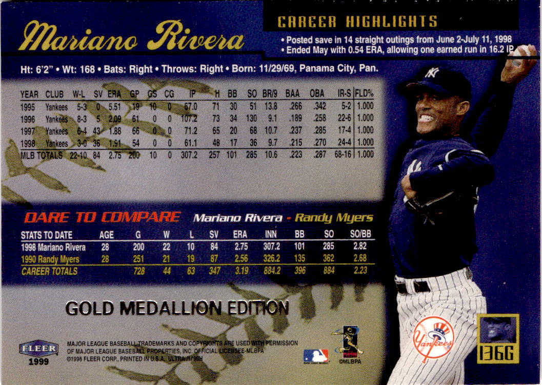 1999 Ultra #136G Mariano Rivera Gold Medallion