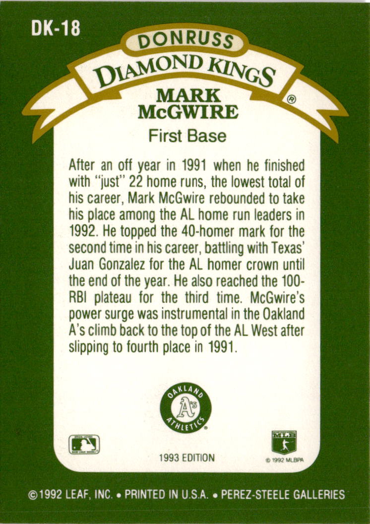 1993 Donruss #DK-18 Mark McGwire Diamond Kings