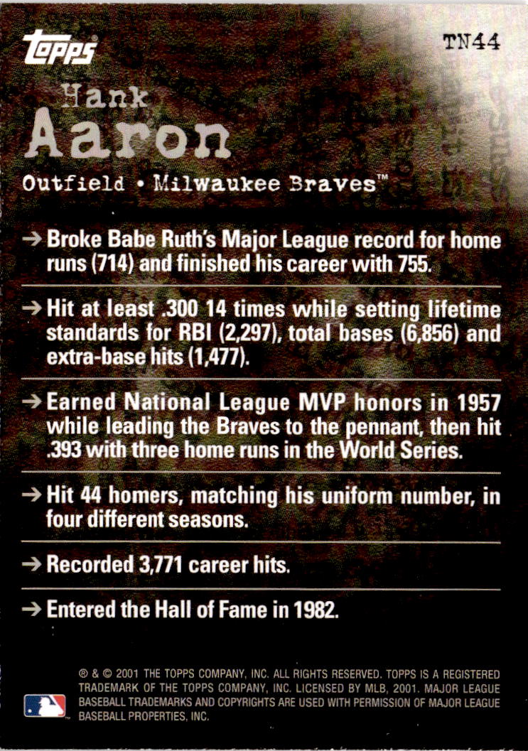 2001 Topps #TN44 Hank Aaron Noteworthy