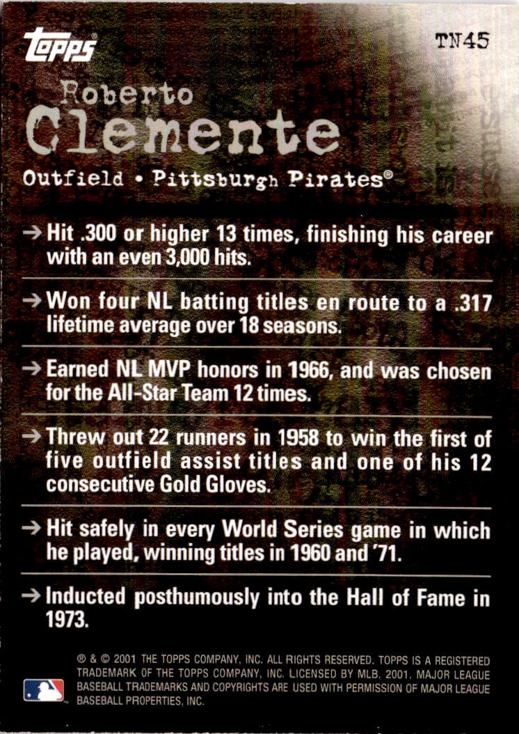 2001 Topps #TN45 Roberto Clemente Noteworthy
