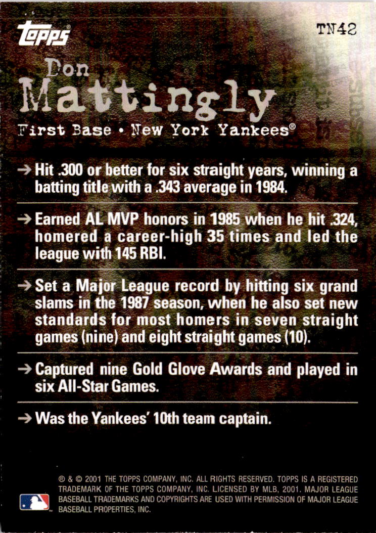 2001 Topps #TN42 Don Mattingly Noteworthy