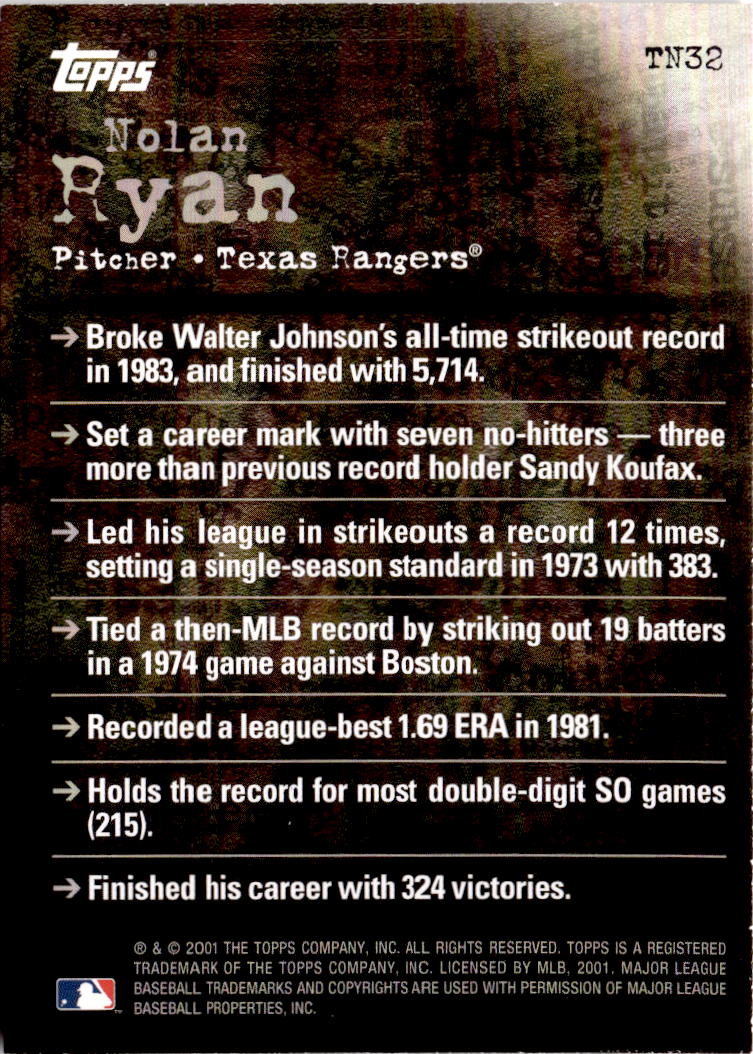 2001 Topps #TN32 Nolan Ryan Noteworthy