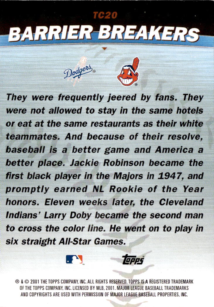 2001 Topps #TC20 Barrier Breakers (Jackie Robinson / Larry Doby) Combos