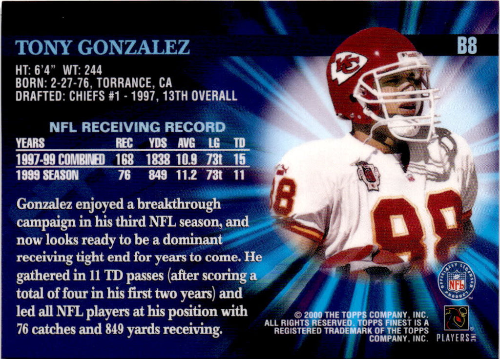 2000 Finest #B8 Tony Gonzalez Out of the Blue