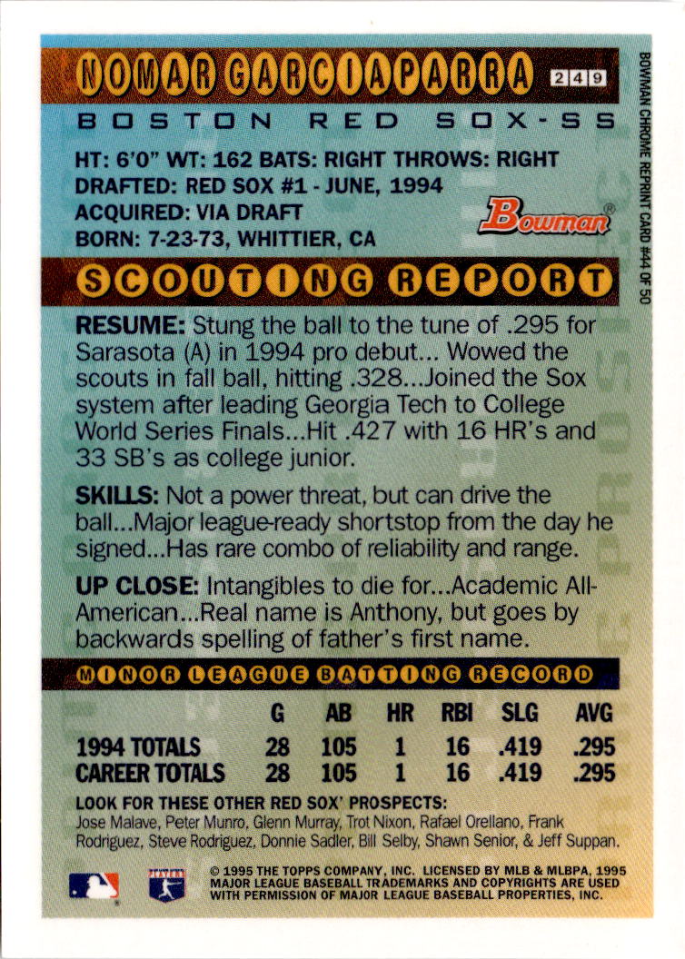 1998 Bowman Chrome #44 Nomar Garciaparra Bowman Rookie Reprints