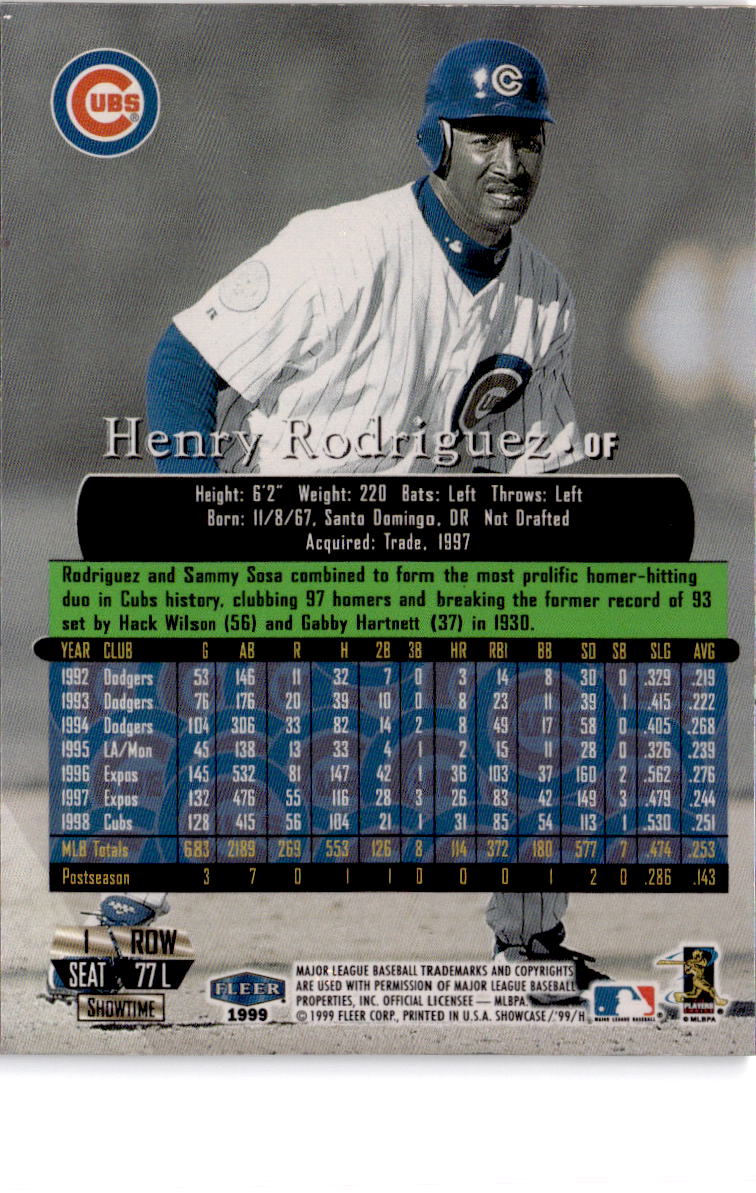1999 Flair Showcase #77L Henry Rodriguez Legacy Collection Row 1 (Showcase) #/99